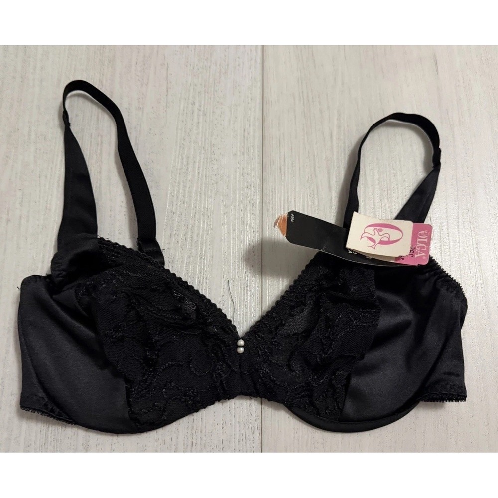 NWT Vintage Olga Satin & Lace Bra Sz 36C Black Style 33082